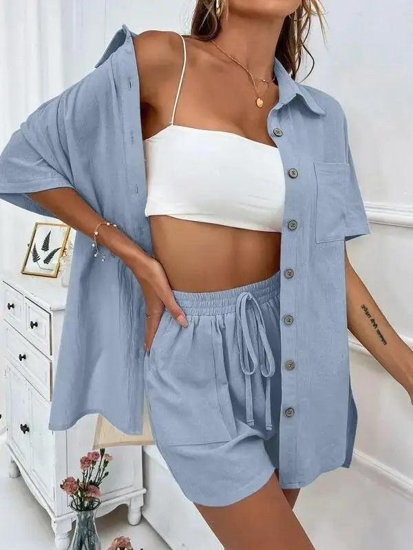 Women’s Casual Two-Piece Suit – Short Sleeve Single-Breasted Top & Skirt, Solid Color