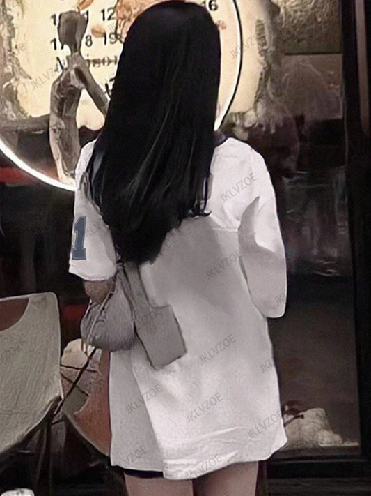 Women’s Retro No.91 Printed T-Shirt – V-Neck, Short Sleeve, Loose Oversized Sports Jersey