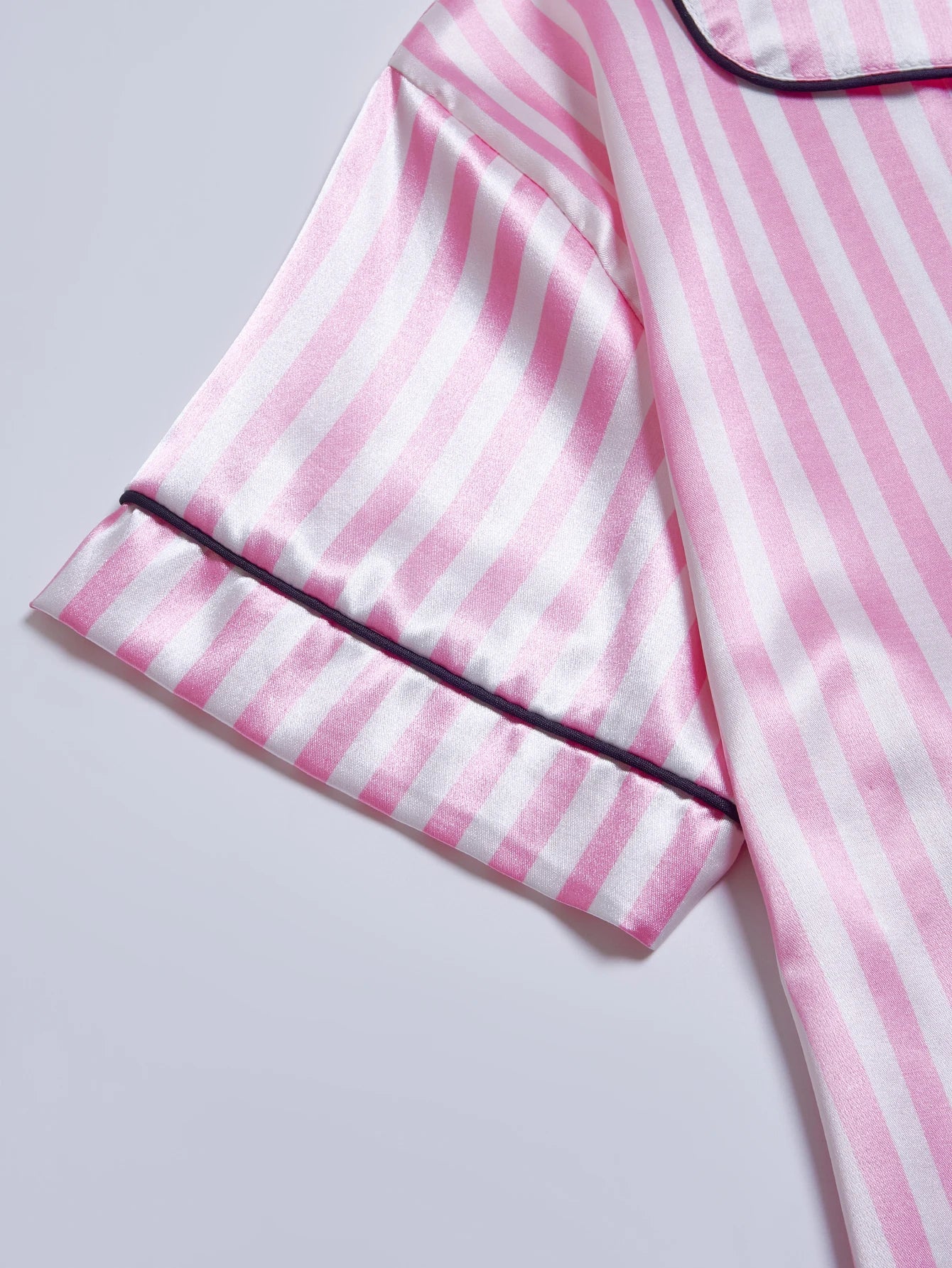 Striped Satin Pajama Set – Short Sleeve Top & Shorts with Embroidered Letter Pocket, Lapel Collar & Button Detail