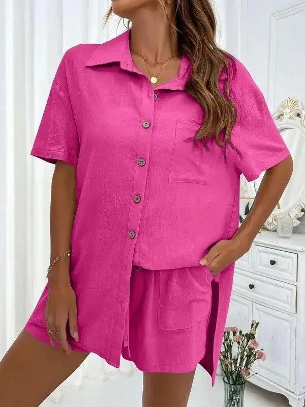 Women’s Casual Two-Piece Suit – Short Sleeve Single-Breasted Top & Skirt, Solid Color