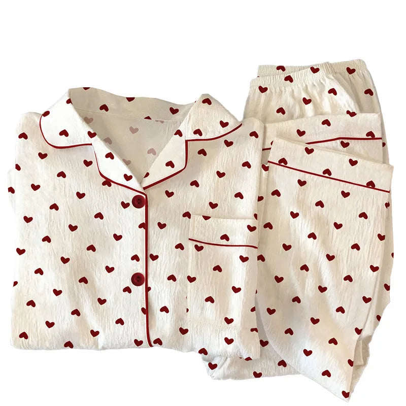 Spring & Autumn Women’s Pajama Set – Long Sleeve Crinkled Loungewear with Love Cardigan