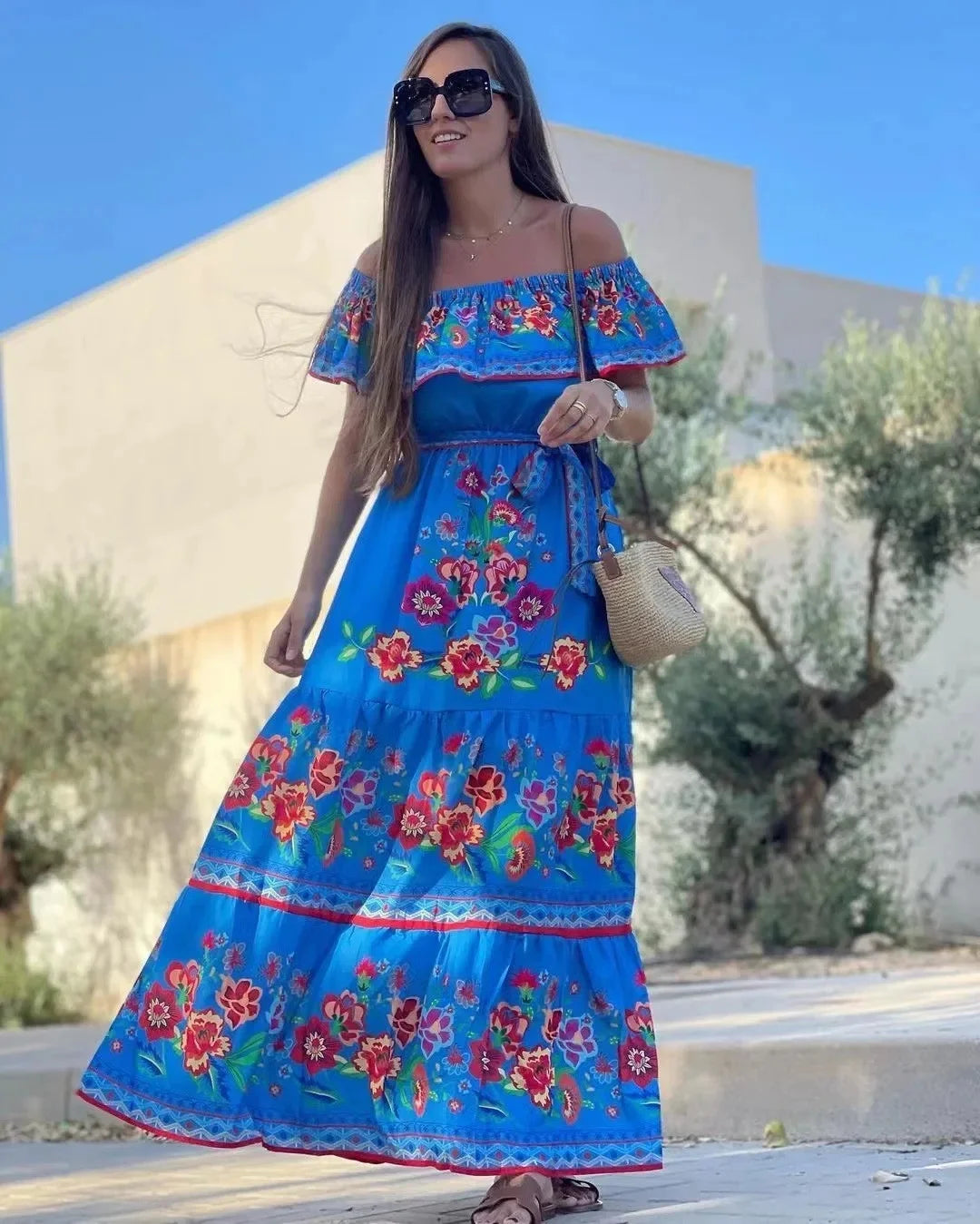 Spring/Summer One-Shoulder Maxi Dress – Red Flower Print, Sleeveless, Knee-Length, Regular Waist