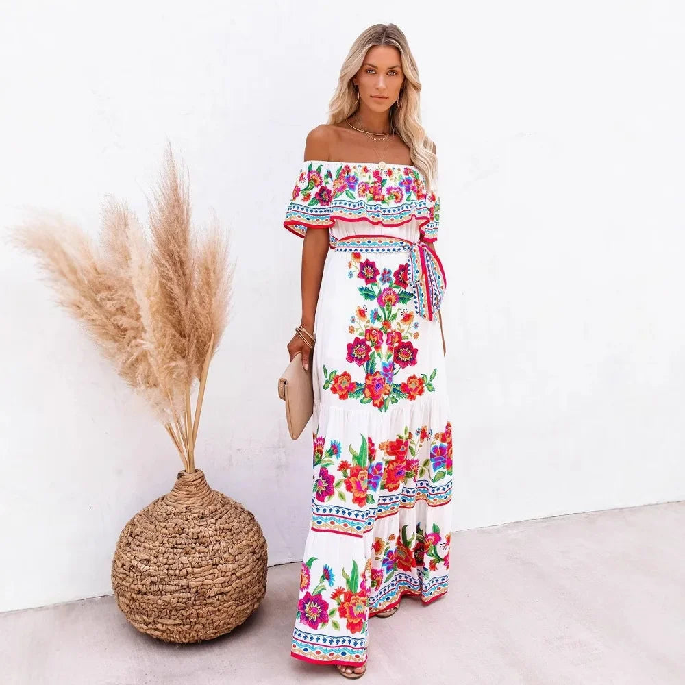 Spring/Summer One-Shoulder Maxi Dress – Red Flower Print, Sleeveless, Knee-Length, Regular Waist