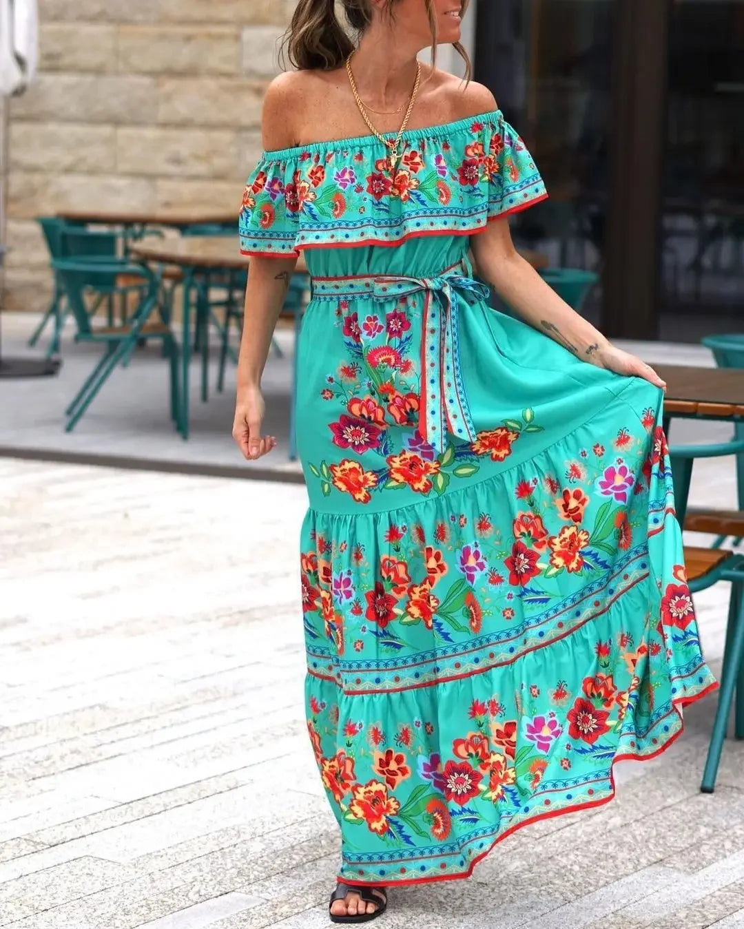 Spring/Summer One-Shoulder Maxi Dress – Red Flower Print, Sleeveless, Knee-Length, Regular Waist