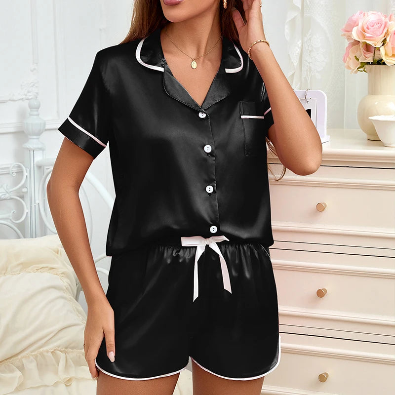 Heart Embroidered Women's Pajama Set – Button Down Top & Shorts Lounge Sleepwear