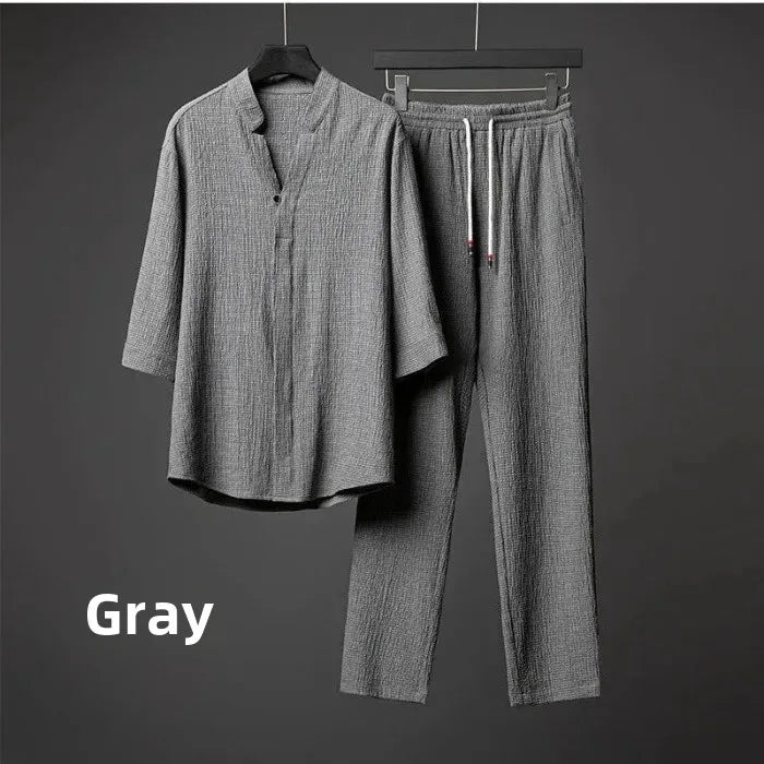 Men’s Luxury Summer Suit – Ultra-Thin, Loose-Fit, Mid-Sleeve Two-Piece Set