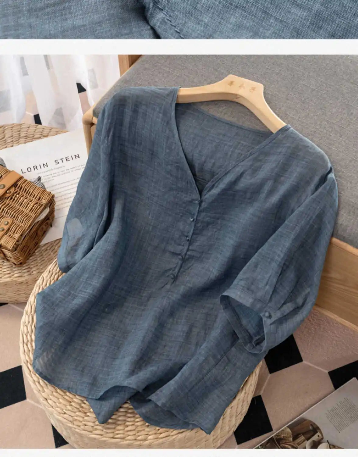 Slimming Color V-Neck Cotton-Linen Blend Top – Casual, Loose Fit, Thin T-Shirt for Women