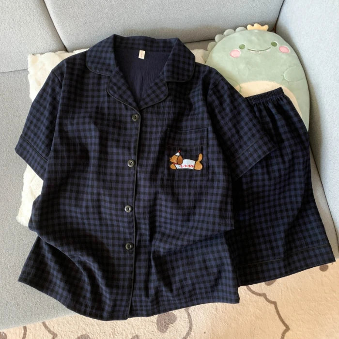 Cute Embroidered Dog Pajama Set – Plaid Short Sleeve Top & Shorts with Lapel Neck & Elastic Waist