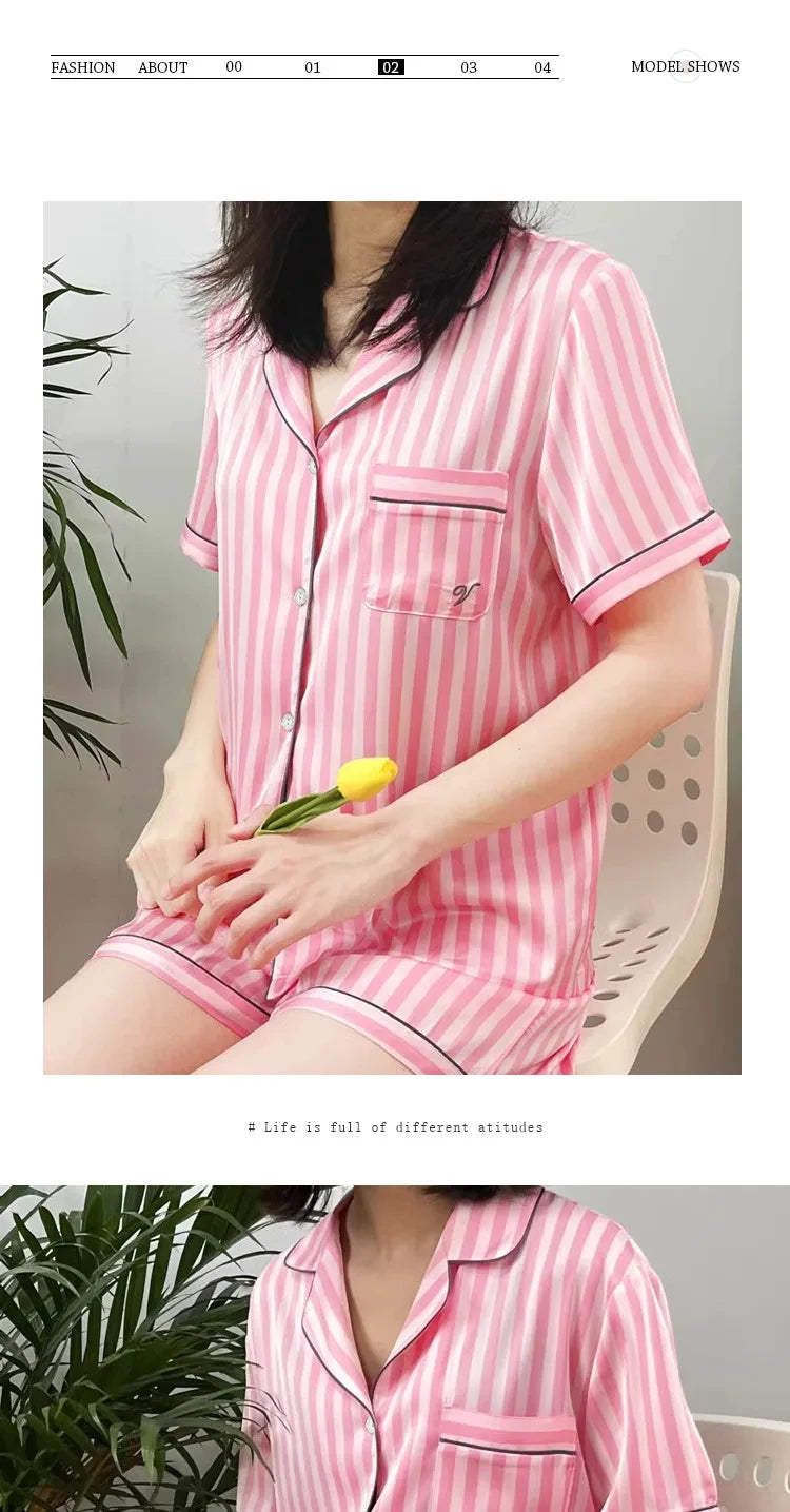 Plus-Size Women’s Pajama Set – Short Sleeve Top & Shorts with Striped Cardigan Lapel Homewear