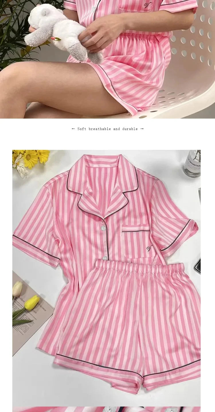 Plus-Size Women’s Pajama Set – Short Sleeve Top & Shorts with Striped Cardigan Lapel Homewear