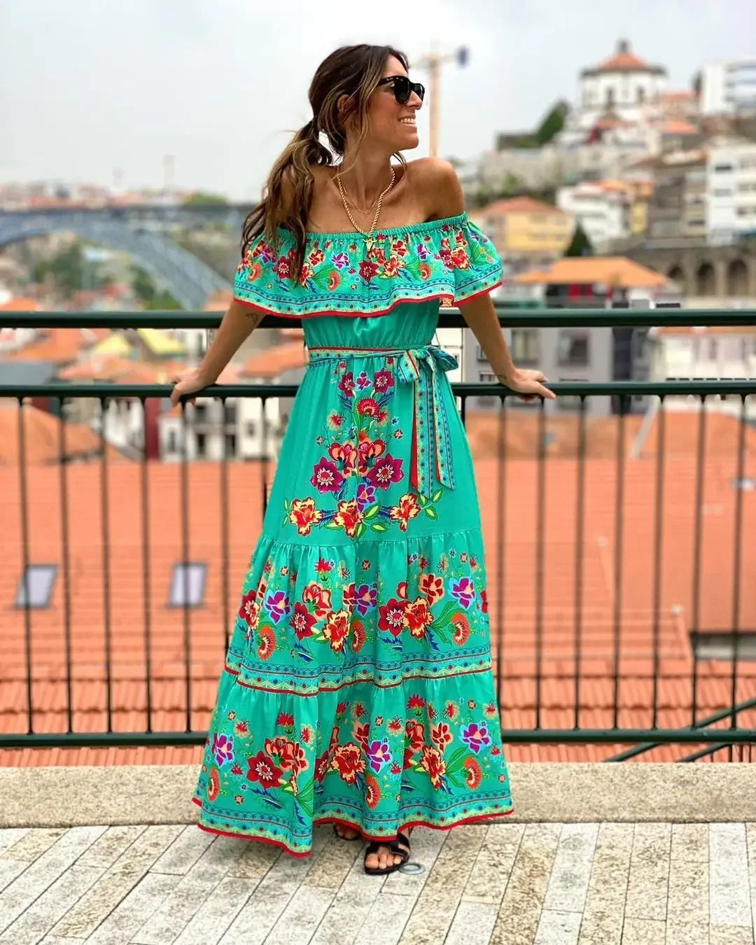 Spring/Summer One-Shoulder Maxi Dress – Red Flower Print, Sleeveless, Knee-Length, Regular Waist