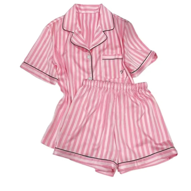Plus-Size Women’s Pajama Set – Short Sleeve Top & Shorts with Striped Cardigan Lapel Homewear
