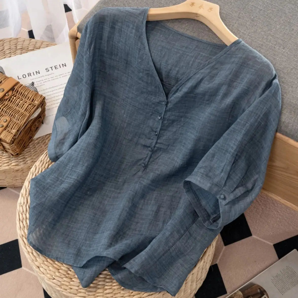 Slimming Color V-Neck Cotton-Linen Blend Top – Casual, Loose Fit, Thin T-Shirt for Women
