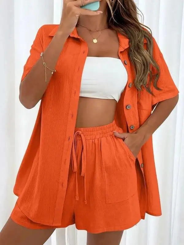 Women’s Casual Two-Piece Suit – Short Sleeve Single-Breasted Top & Skirt, Solid Color
