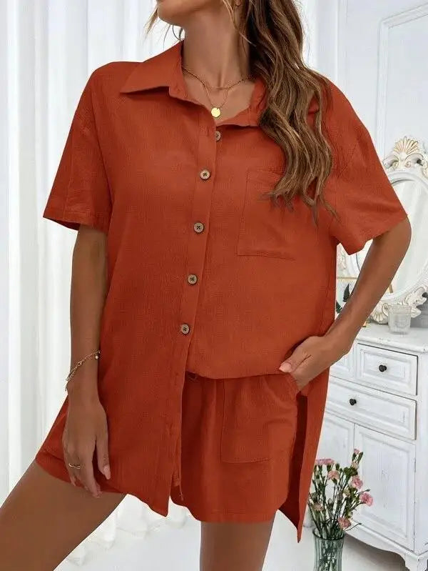 Women’s Casual Two-Piece Suit – Short Sleeve Single-Breasted Top & Skirt, Solid Color