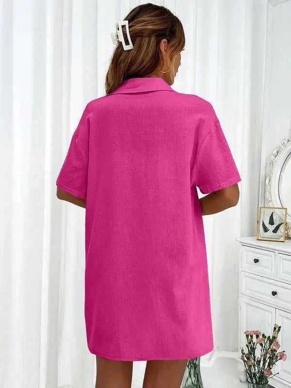 Women’s Casual Two-Piece Suit – Short Sleeve Single-Breasted Top & Skirt, Solid Color