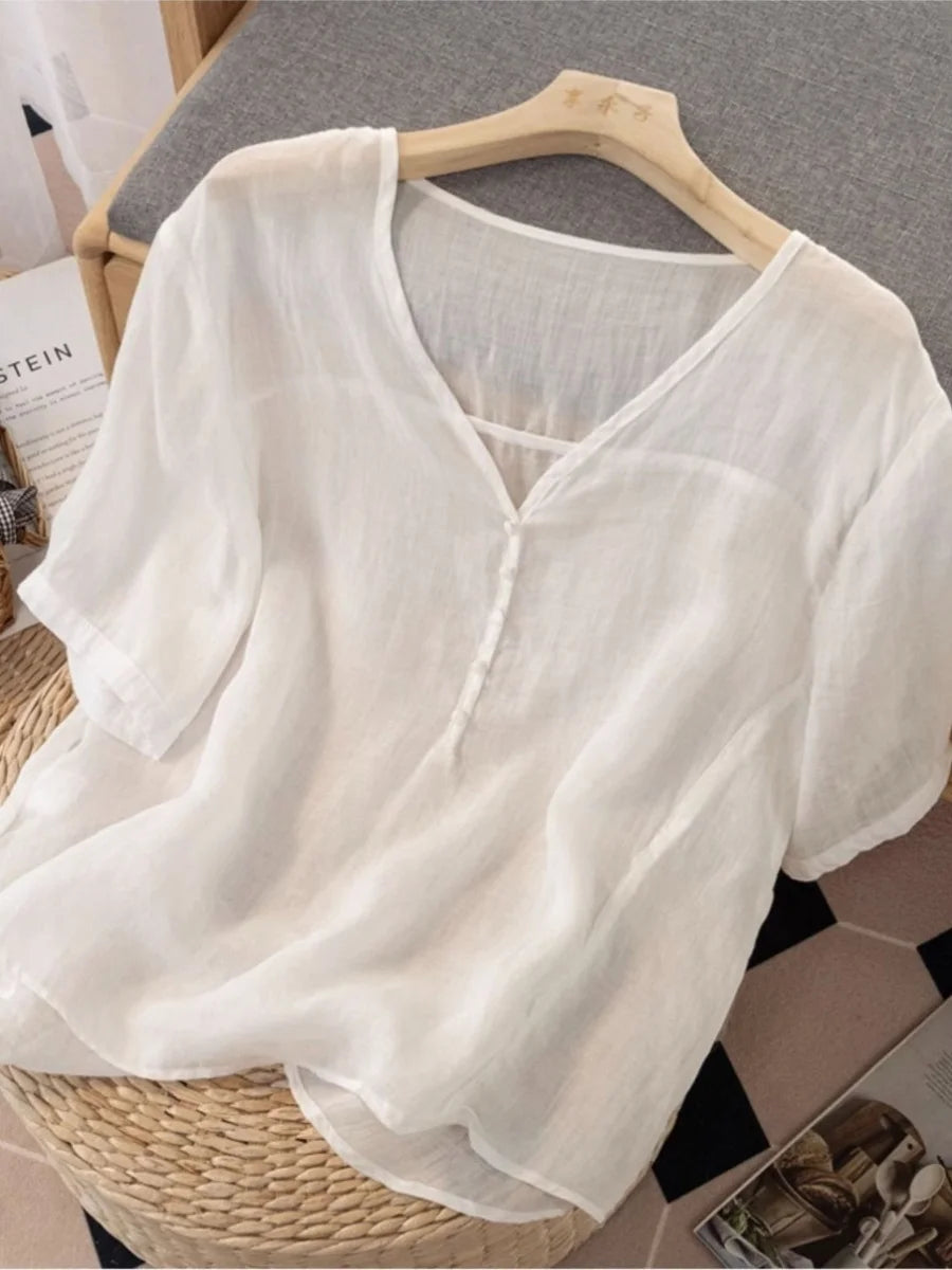 Slimming Color V-Neck Cotton-Linen Blend Top – Casual, Loose Fit, Thin T-Shirt for Women