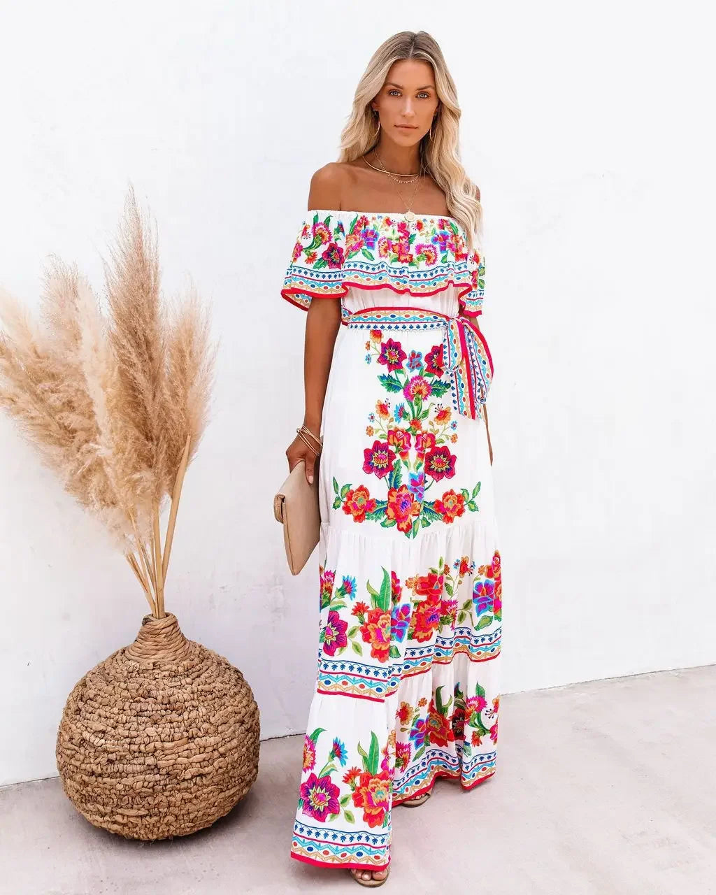Spring/Summer One-Shoulder Maxi Dress – Red Flower Print, Sleeveless, Knee-Length, Regular Waist