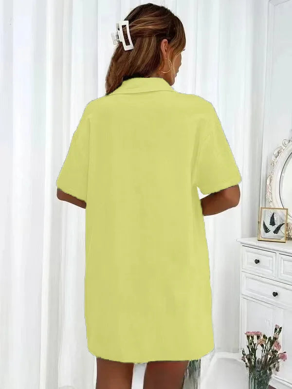 Women’s Casual Two-Piece Suit – Short Sleeve Single-Breasted Top & Skirt, Solid Color