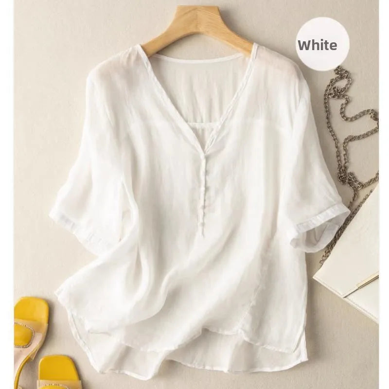 Slimming Color V-Neck Cotton-Linen Blend Top – Casual, Loose Fit, Thin T-Shirt for Women