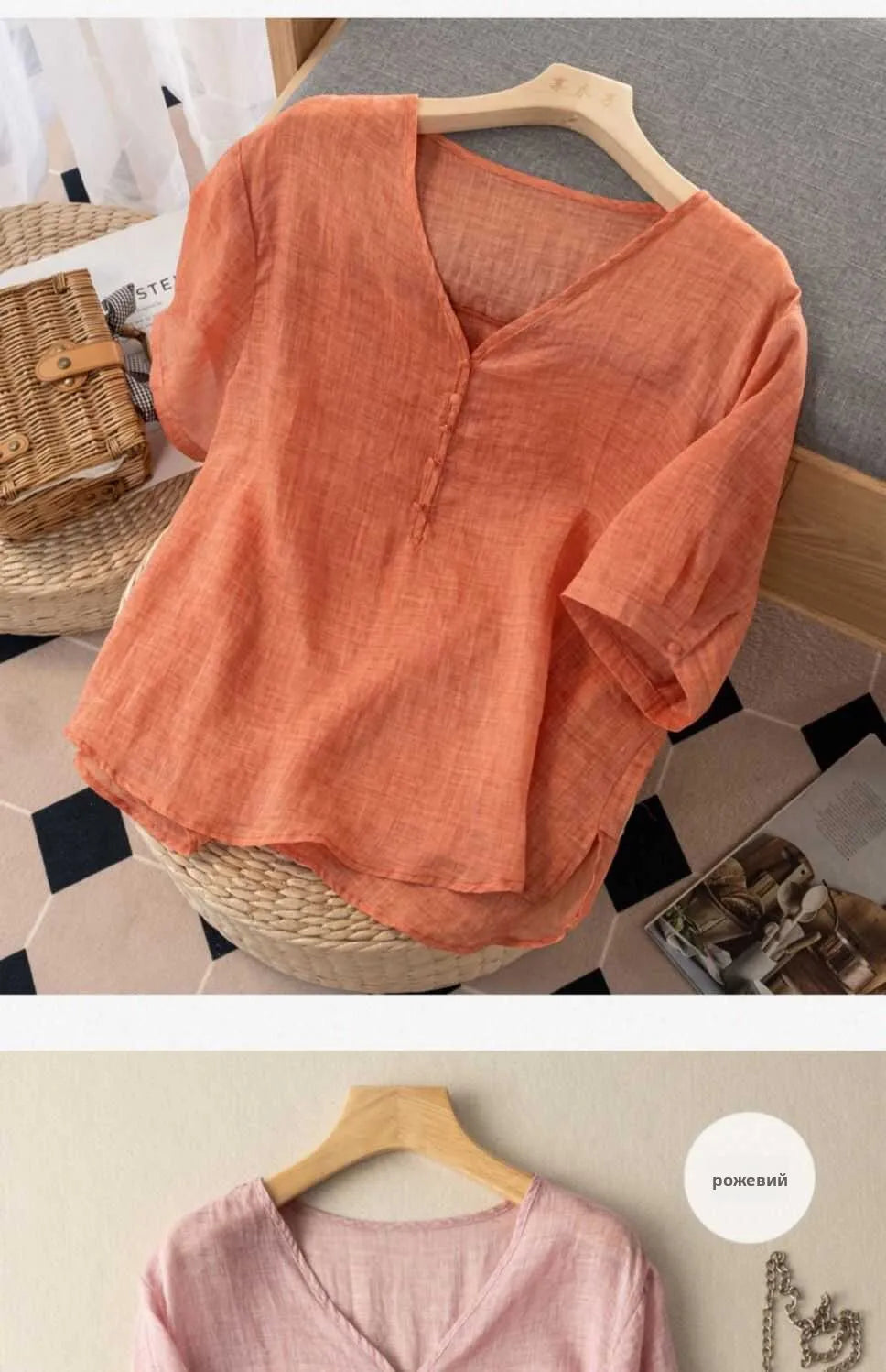 Slimming Color V-Neck Cotton-Linen Blend Top – Casual, Loose Fit, Thin T-Shirt for Women