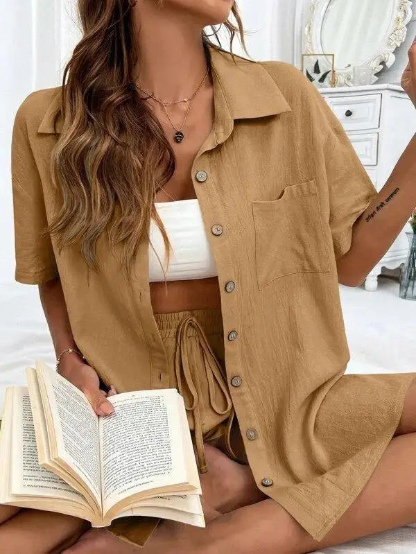 Women’s Casual Two-Piece Suit – Short Sleeve Single-Breasted Top & Skirt, Solid Color