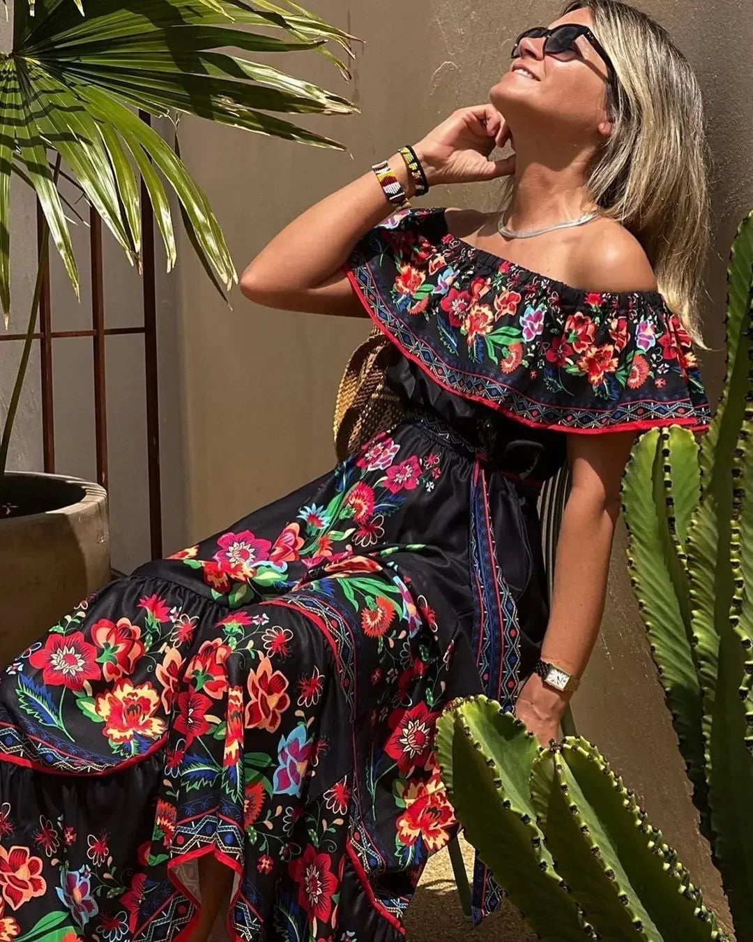 Spring/Summer One-Shoulder Maxi Dress – Red Flower Print, Sleeveless, Knee-Length, Regular Waist