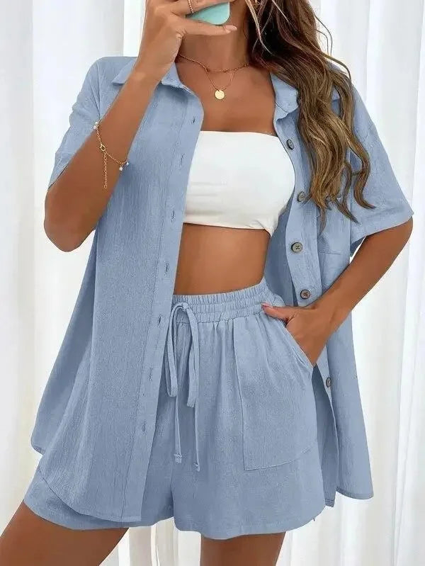 Women’s Casual Two-Piece Suit – Short Sleeve Single-Breasted Top & Skirt, Solid Color