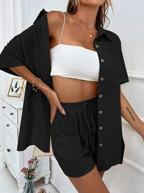 Women’s Casual Two-Piece Suit – Short Sleeve Single-Breasted Top & Skirt, Solid Color