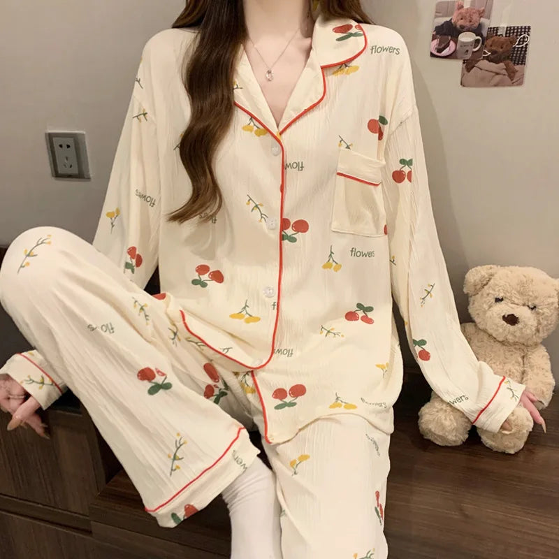 Spring & Autumn Women’s Pajama Set – Long Sleeve Crinkled Loungewear with Love Cardigan