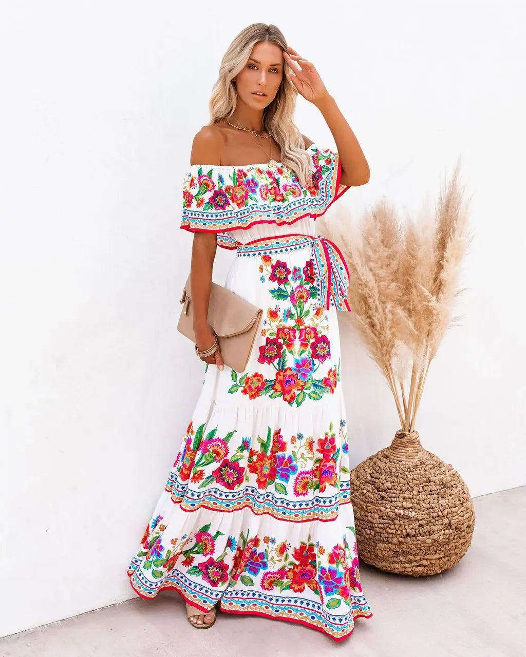 Spring/Summer One-Shoulder Maxi Dress – Red Flower Print, Sleeveless, Knee-Length, Regular Waist