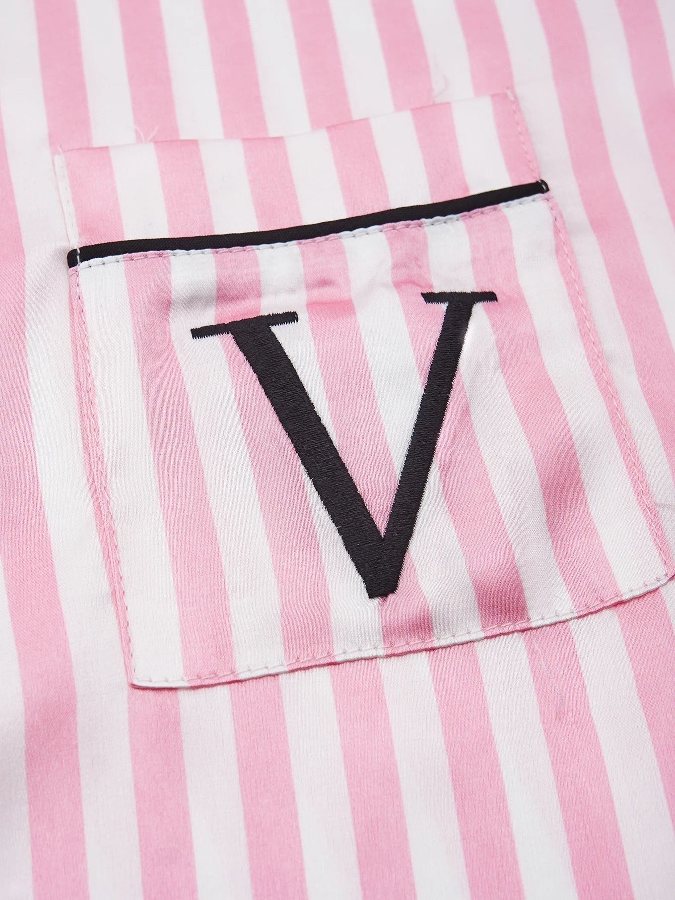 Women's Satin Pajama Set – Classic Striped Print, Short Sleeve Top & Long Pants with Lapel Collar, Pocket Letter & Button Detail