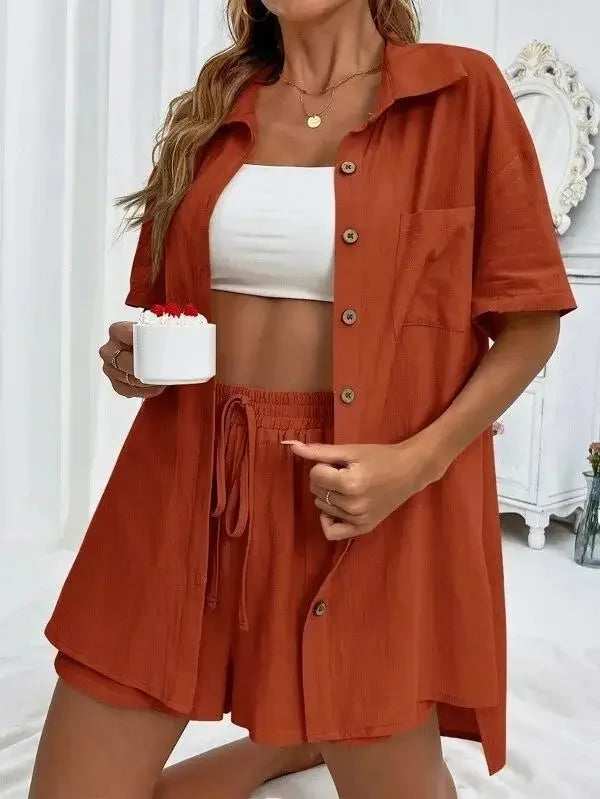 Women’s Casual Two-Piece Suit – Short Sleeve Single-Breasted Top & Skirt, Solid Color