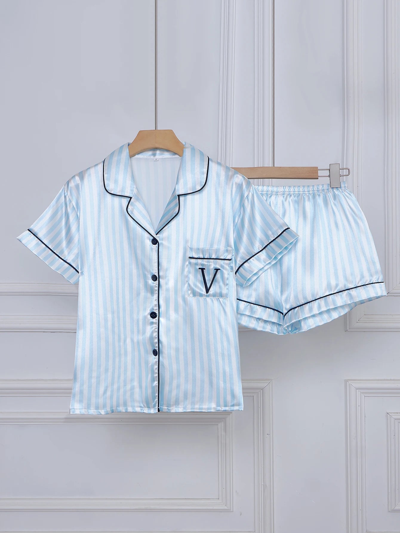 Striped Satin Pajama Set – Short Sleeve Top & Shorts with Embroidered Letter Pocket, Lapel Collar & Button Detail