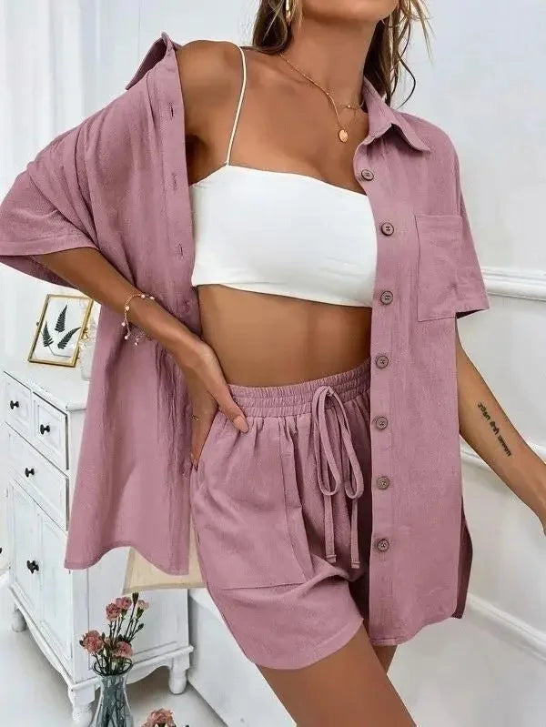 Women’s Casual Two-Piece Suit – Short Sleeve Single-Breasted Top & Skirt, Solid Color