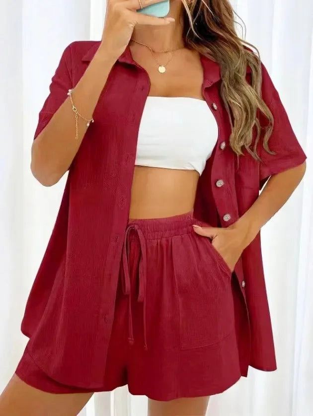 Women’s Casual Two-Piece Suit – Short Sleeve Single-Breasted Top & Skirt, Solid Color