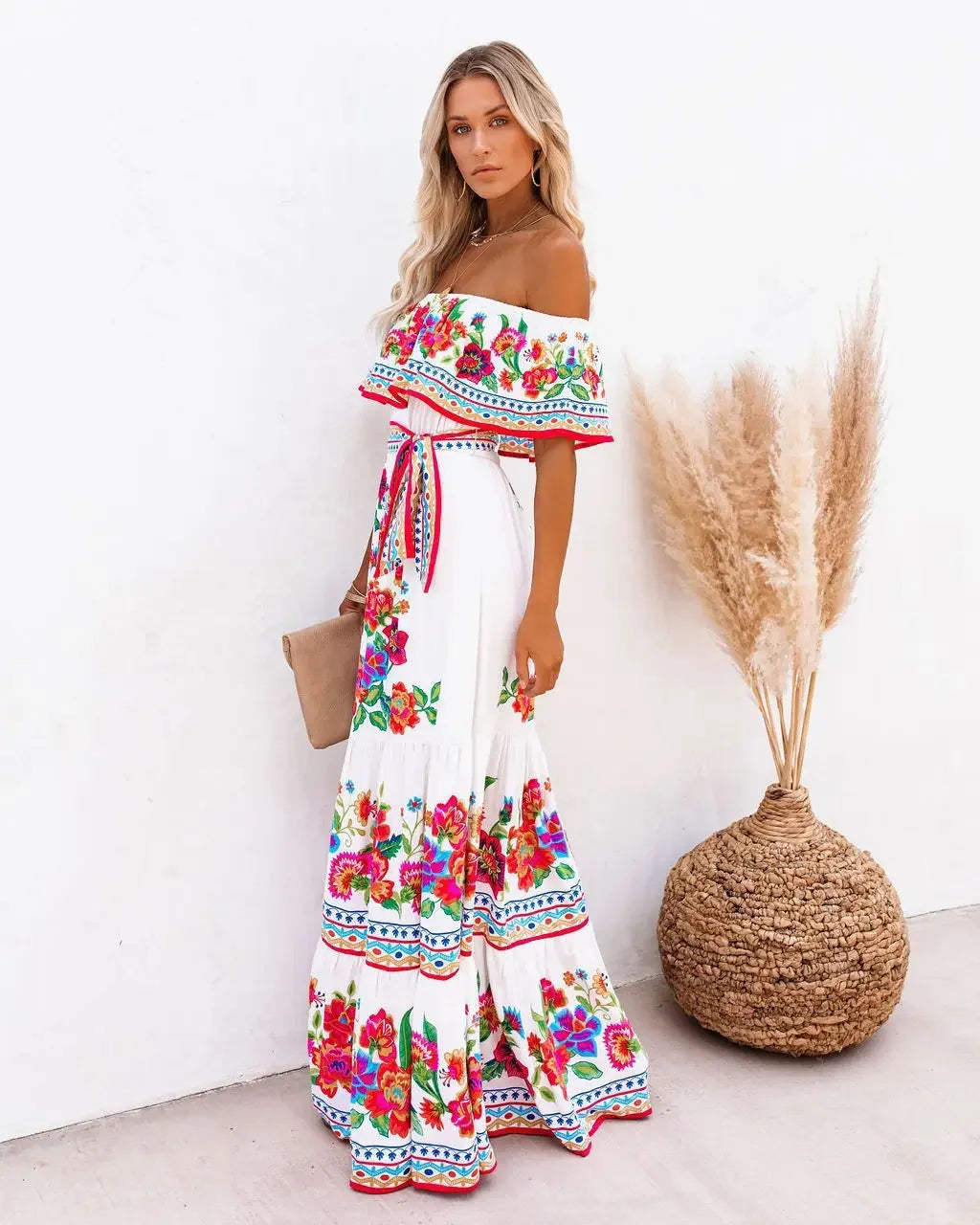 Spring/Summer One-Shoulder Maxi Dress – Red Flower Print, Sleeveless, Knee-Length, Regular Waist