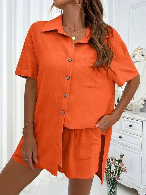 Women’s Casual Two-Piece Suit – Short Sleeve Single-Breasted Top & Skirt, Solid Color