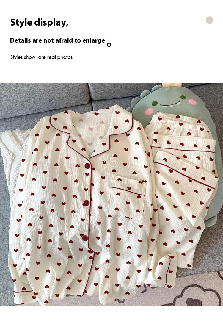Spring & Autumn Women’s Pajama Set – Long Sleeve Crinkled Loungewear with Love Cardigan