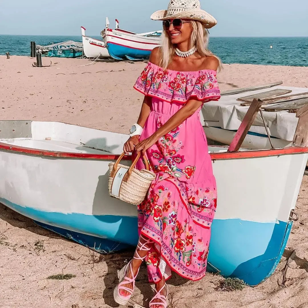 Spring/Summer One-Shoulder Maxi Dress – Red Flower Print, Sleeveless, Knee-Length, Regular Waist