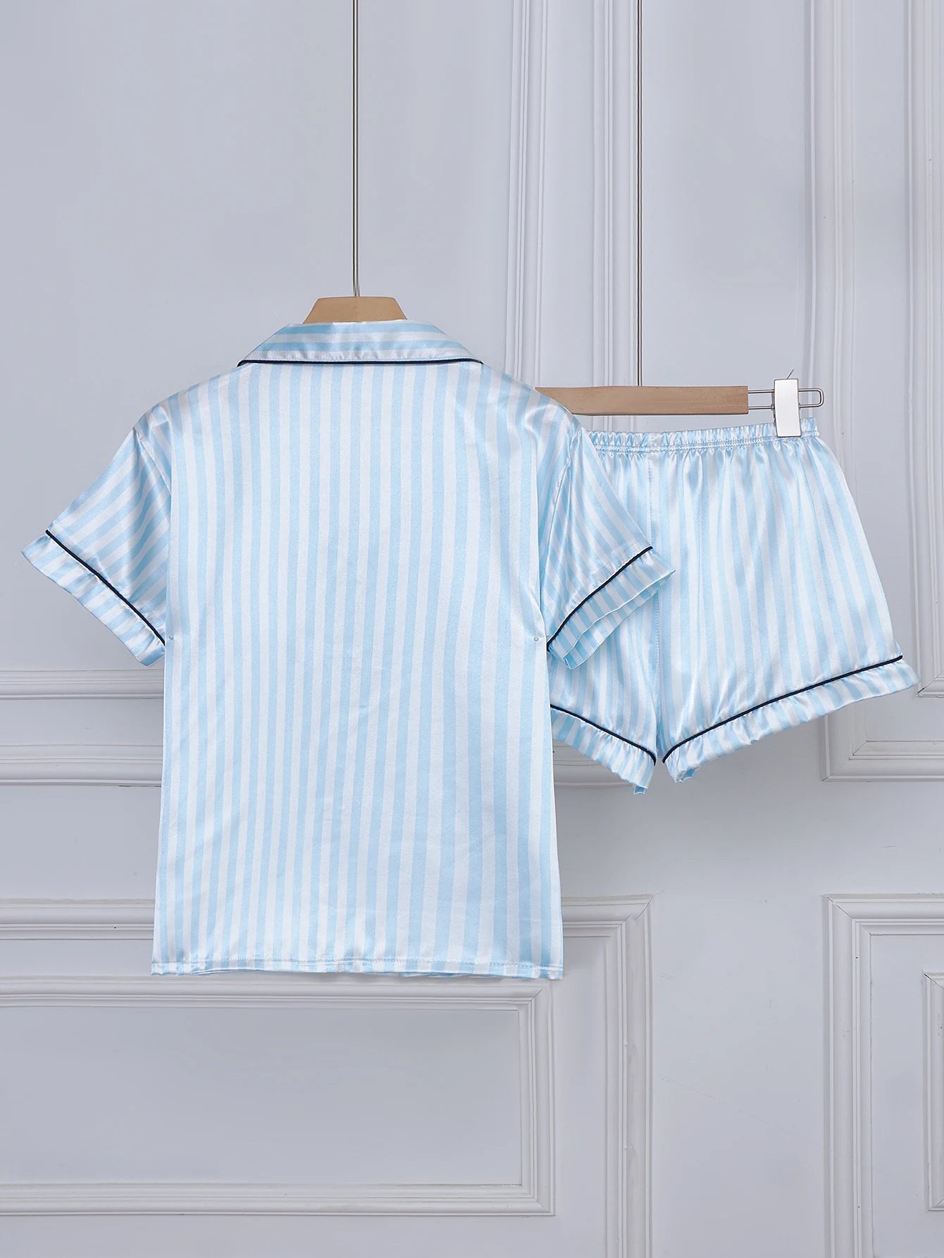 Striped Satin Pajama Set – Short Sleeve Top & Shorts with Embroidered Letter Pocket, Lapel Collar & Button Detail