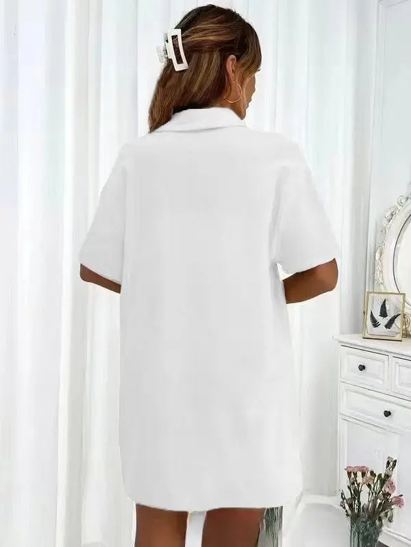 Women’s Casual Two-Piece Suit – Short Sleeve Single-Breasted Top & Skirt, Solid Color