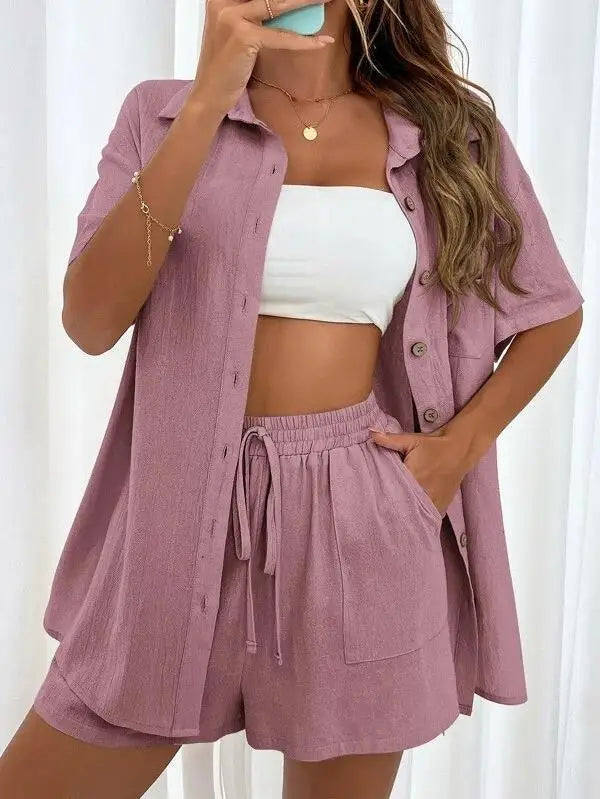 Women’s Casual Two-Piece Suit – Short Sleeve Single-Breasted Top & Skirt, Solid Color