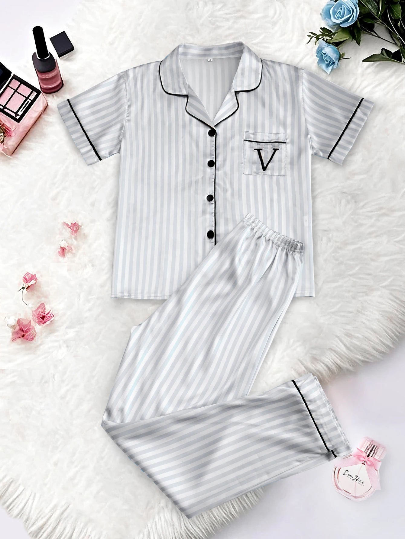 Women's Satin Pajama Set – Classic Striped Print, Short Sleeve Top & Long Pants with Lapel Collar, Pocket Letter & Button Detail