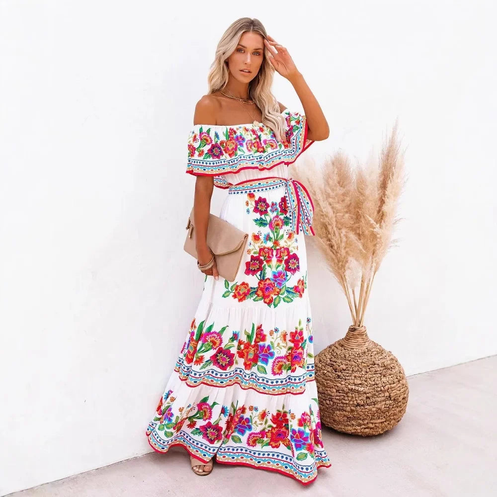 Spring/Summer One-Shoulder Maxi Dress – Red Flower Print, Sleeveless, Knee-Length, Regular Waist