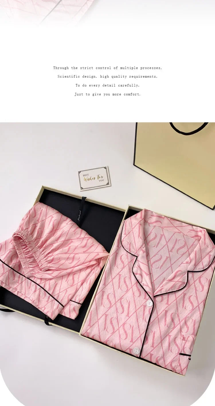 Summer Women’s Ice Silk Pajama Set – Short Sleeve Cardigan Loungewear