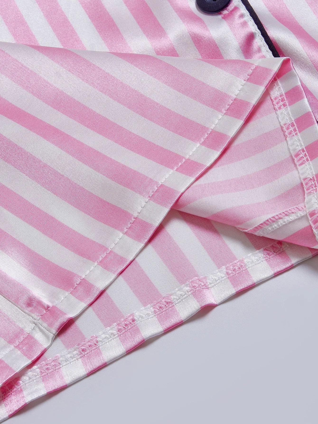 Striped Satin Pajama Set – Short Sleeve Top & Shorts with Embroidered Letter Pocket, Lapel Collar & Button Detail