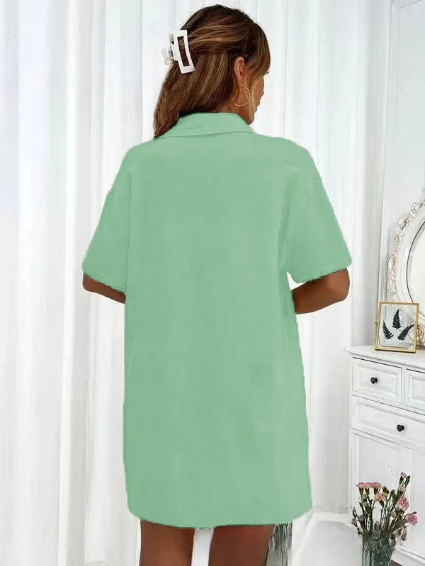 Women’s Casual Two-Piece Suit – Short Sleeve Single-Breasted Top & Skirt, Solid Color