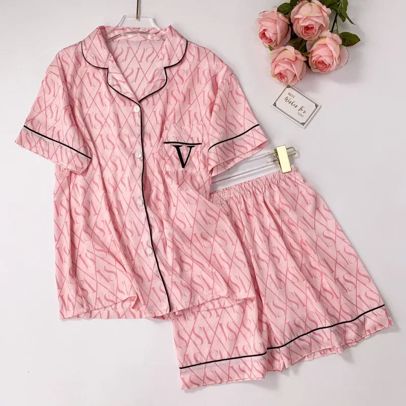 Summer Women’s Ice Silk Pajama Set – Short Sleeve Cardigan Loungewear