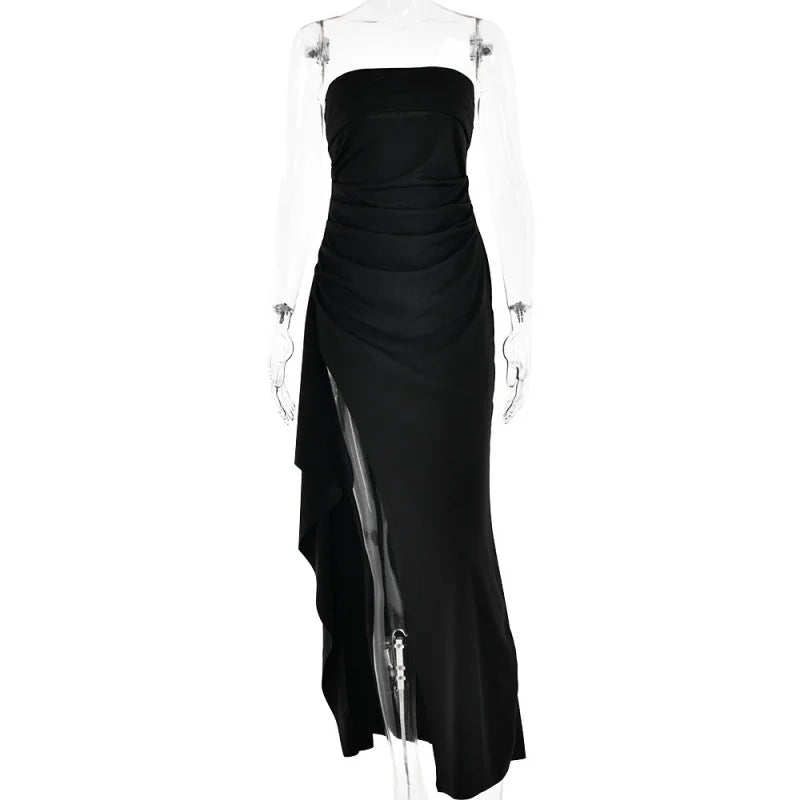 Black Off-Shoulder Strapless Maxi Dress – Backless, High Split, Sleeveless Bodycon Evening & Party Dress